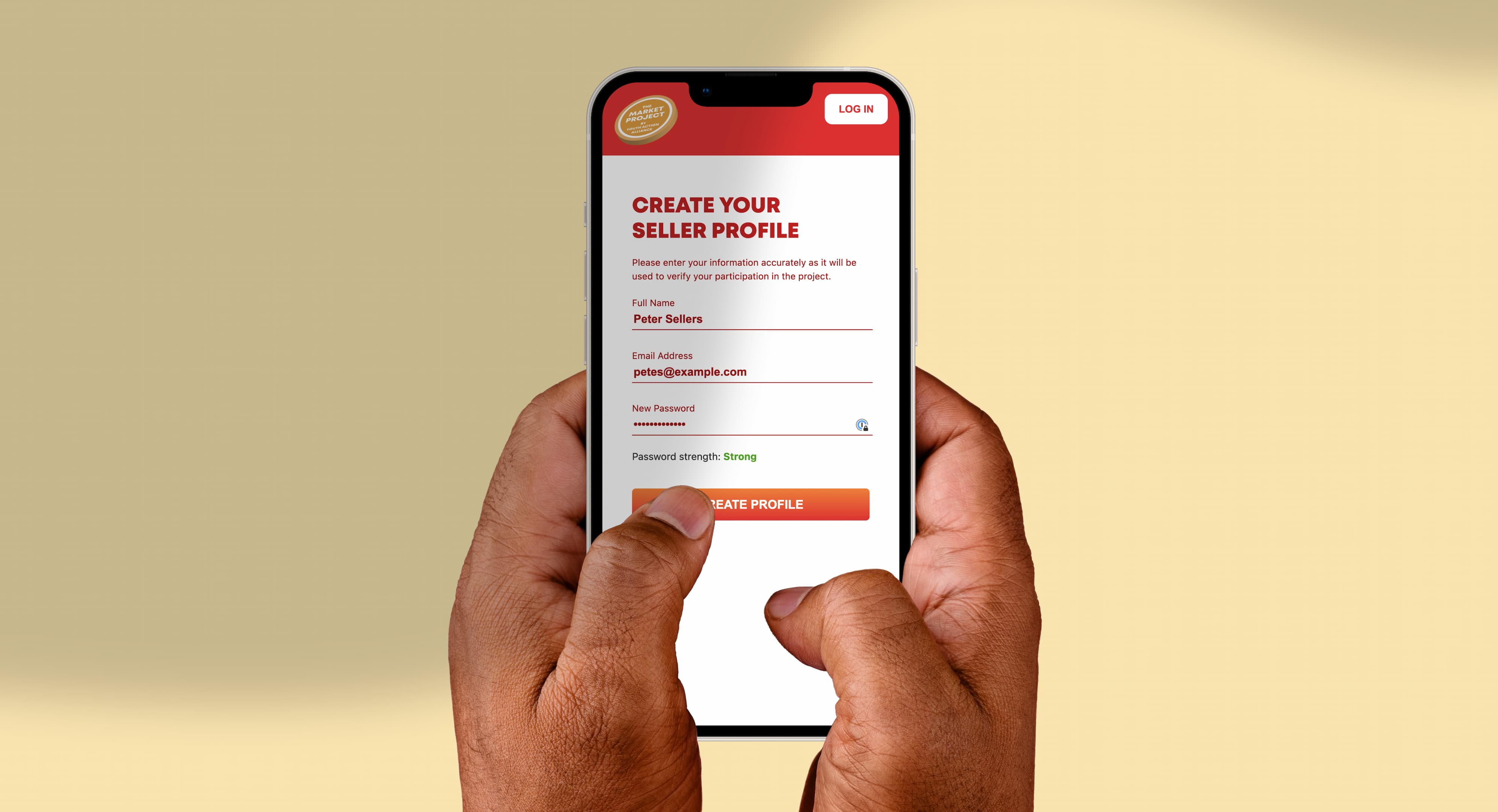 A mobile phone displaying the Create Seller screen of The Market Project